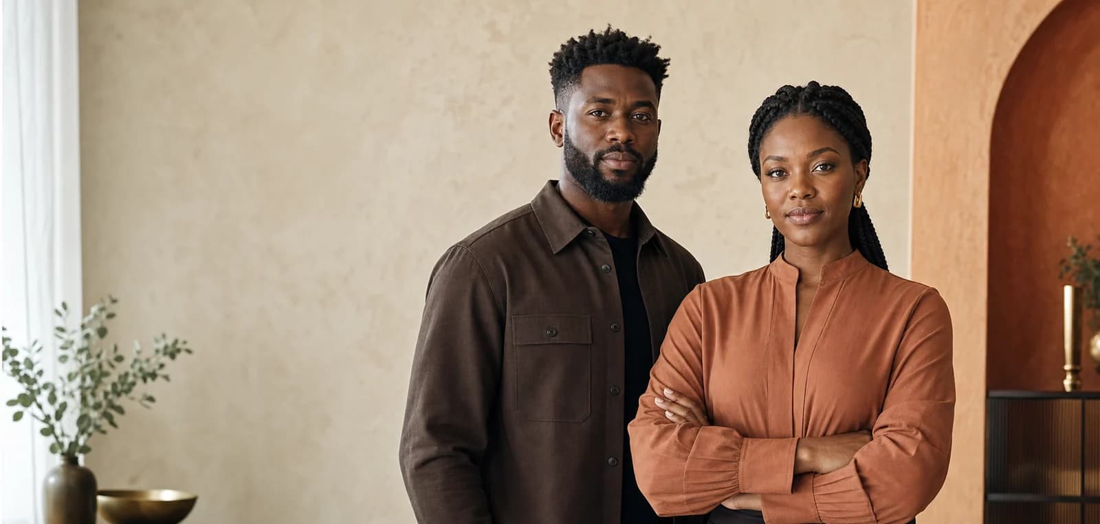 Two beauty professionals, a man and a woman, in a contemporary studio.