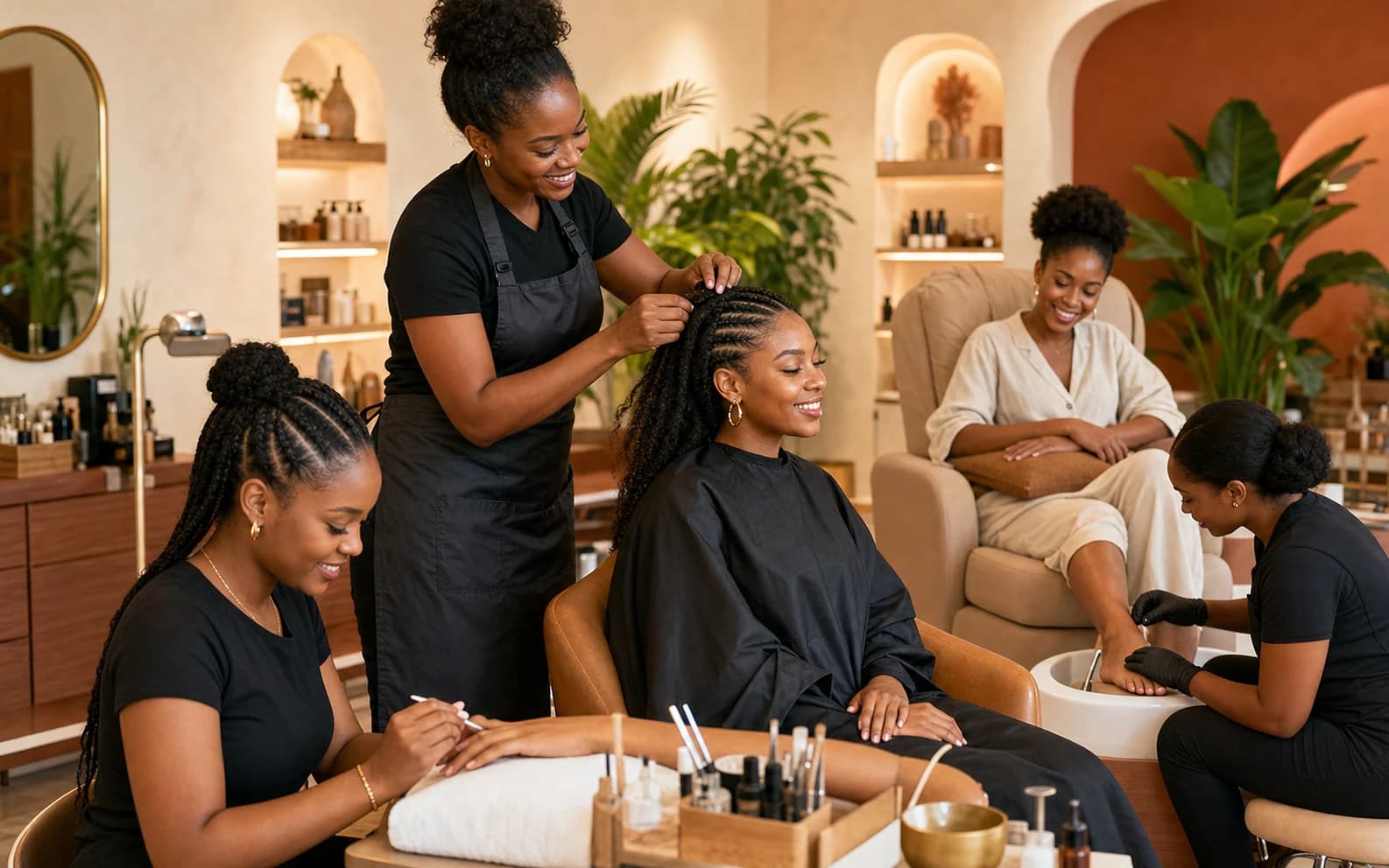 Afro hairstyling, manicure, and pedicure services in a welcoming salon.